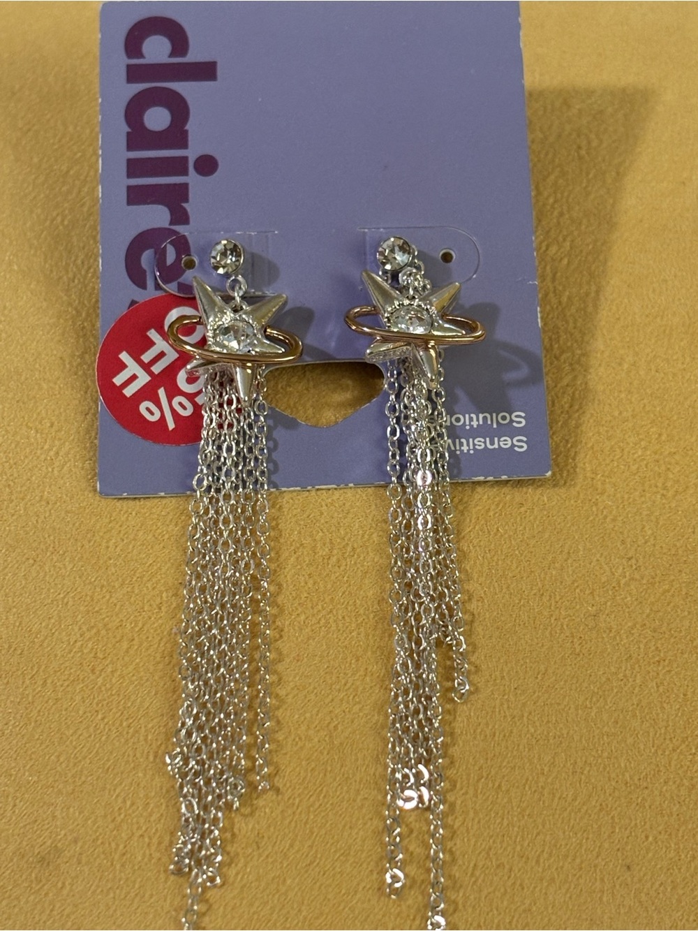 Claire's Silver Star Orbit Drop Earrings with Chain Fringe
